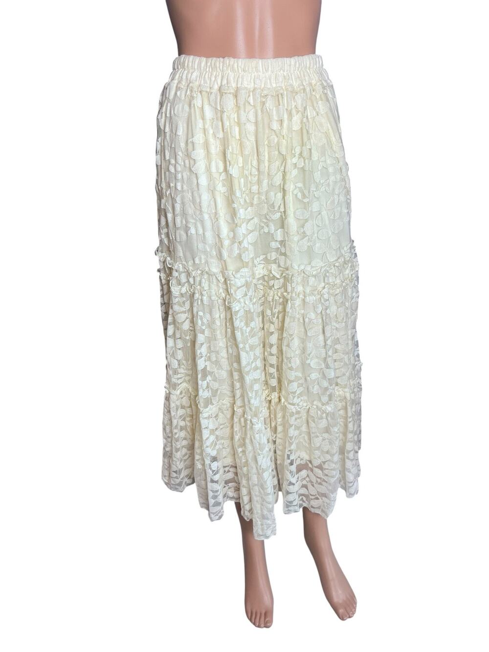 Calessa Women’s Ivory Lace Tiered Maxi Skirt Medium Floral Mesh Boho Romantic